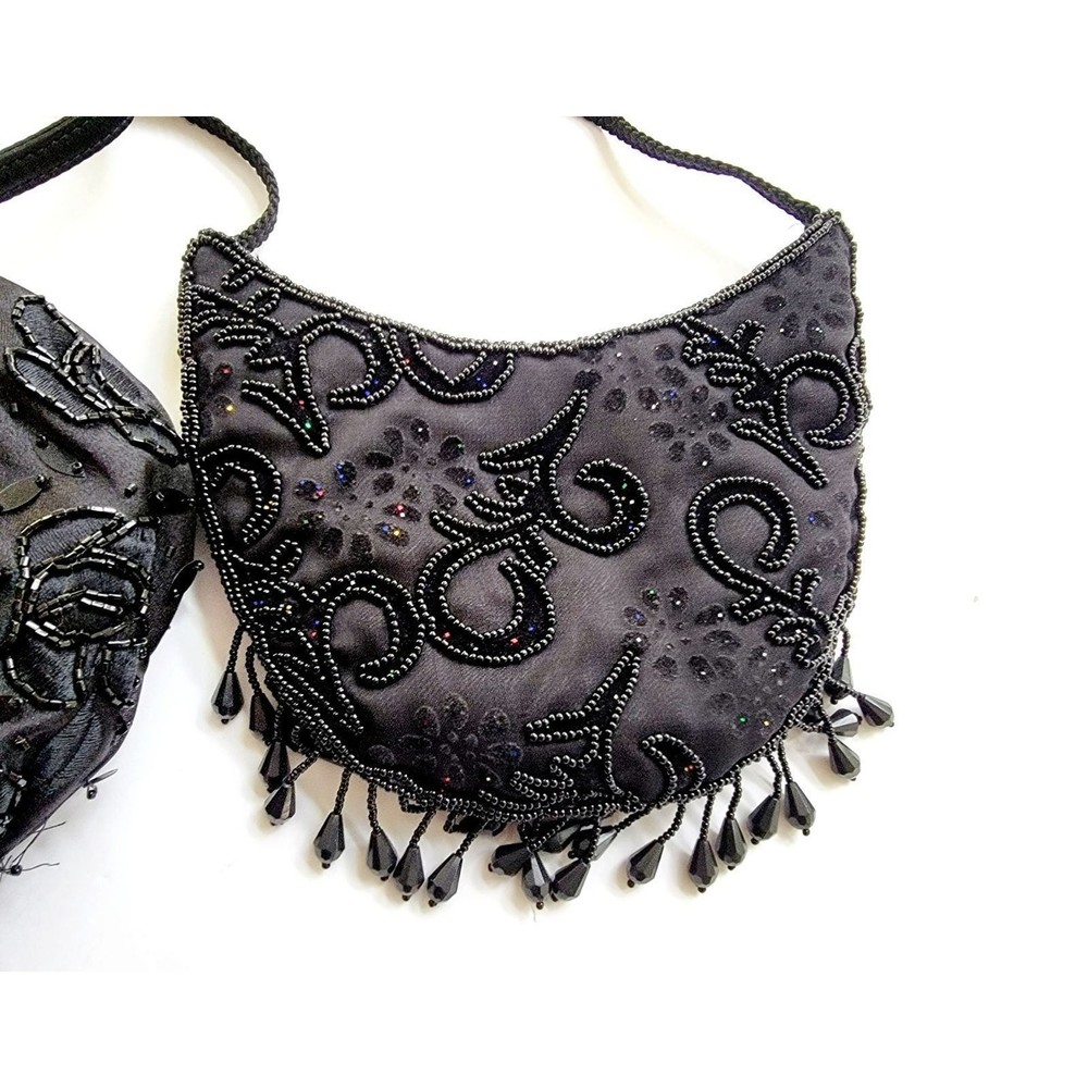 2 Vintage Black Fabric Hand Bag Purse With Beaded Sequin Flowers Menbur - Picture 4 of 7